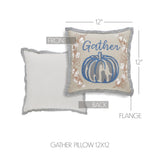 Ashlynn Gather Pumpkin Pillow 12" size diagram showing front and back views with 12 by 12 inch dimensions and striped flange edge detail