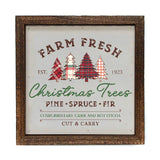 6x6 Farm Fresh Christmas Trees wood sign with plaid pine, spruce, and fir tree design, Est. 1923, in rustic dark brown wood box frame, white background
