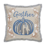 Ashlynn Gather Pumpkin Pillow 12" front view on white background showing full pumpkin motif, Gather text, cotton sprig print, and blue striped flange edge