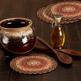 Ginger Spice fall trivets set of 3 displayed on rustic farmhouse table with wood spoons and soup tureen.