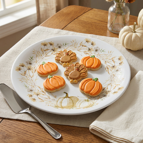 Autumn Harvest Platter with turkey- and pumpkin-shaped cookies