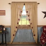 Burlap with Burgundy Stars Long Prairie Curtains-Lange General Store