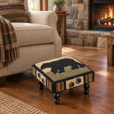 Bear Hooked Stool in a cozy rustic living room