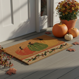 Fall porch lifestyle photo of the Bittersweet & Pumpkins Door Mat