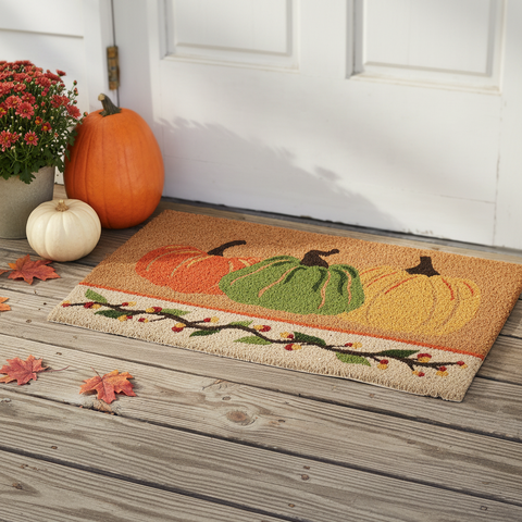 Bittersweet & Pumpkins Door Mat lifestyle photo on a farmhouse porch