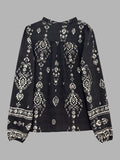 Black Retro Bohemian Floral Geometric Print Blouse-Lange General Store