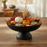 Fuller fall lifestyle image of the Black Ribbed Wooden Bowl