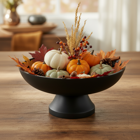 Fuller fall lifestyle image of the Black Ribbed Wooden Bowl
