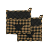 Blackstone Farm Star 9x9 cotton pot holder raven black and khaki plaid with fabric hanging loop


