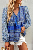 Boho Blue Floral Tunic Tie Neck Long Sleeve Shirt-Lange General Store