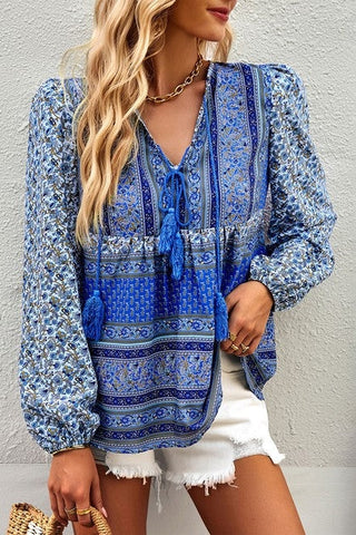 Boho Blue Floral Tunic Tie Neck Long Sleeve Shirt-Lange General Store