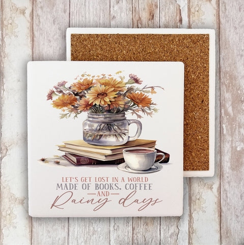 Autumn Fall Books & Coffee Rainy Day Stone Coaster-Lange General Store