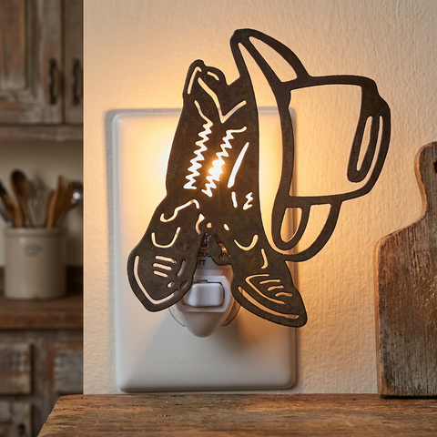 Boots and Hat Night Light in a rustic kitchen