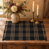 Bridgeton Black Chindi Placemat styled with florals and candles