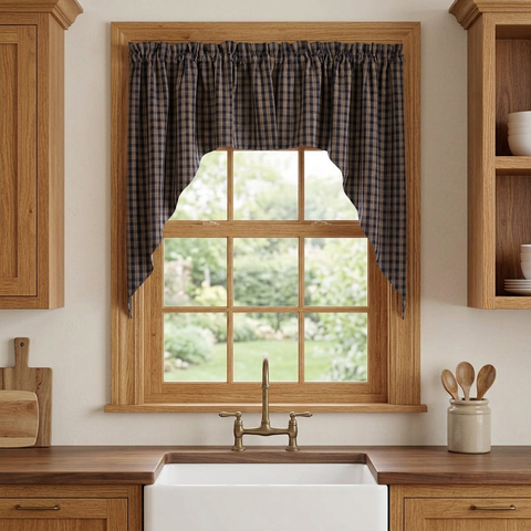 Bridgeton Navy Swags with warm wood window trim and mullions