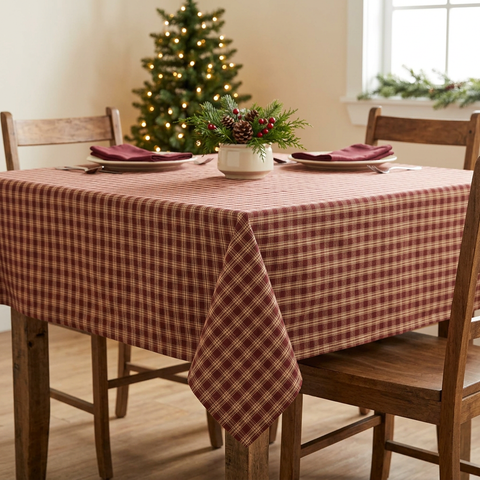 Bridgeton Wine 54 by 54 inch tablecloth in a farmhouse Christmas setting