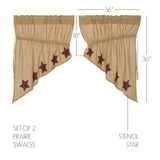 Burlap with Burgundy Stars Prairie Swag Curtains-Lange General Store