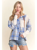 Button Down Plaid Hoodie Shacket - Blue-Lange General Store