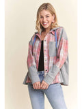 Button Down Plaid Hoodie Shacket - Pink-Lange General Store