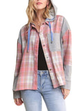 Button Down Plaid Hoodie Shacket - Pink-Lange General Store