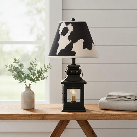 Cambridge black lantern lamp with Holstein shade, shiplap setting