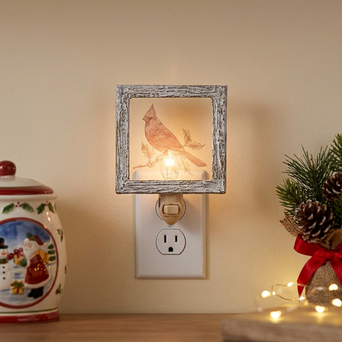 Cardinal Framed Night Light in a Christmas kitchen with revised outlet placement
