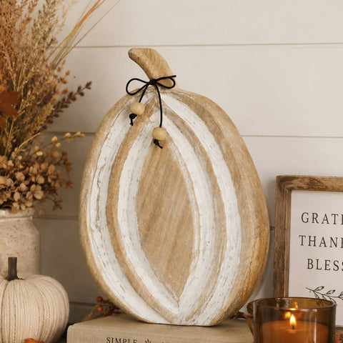Carved Wooden Pumpkin Distressed White