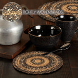 Chestnut primitive country trivets set of 3 displayed on rustic farmhouse dining table showing tightly woven braided closeup