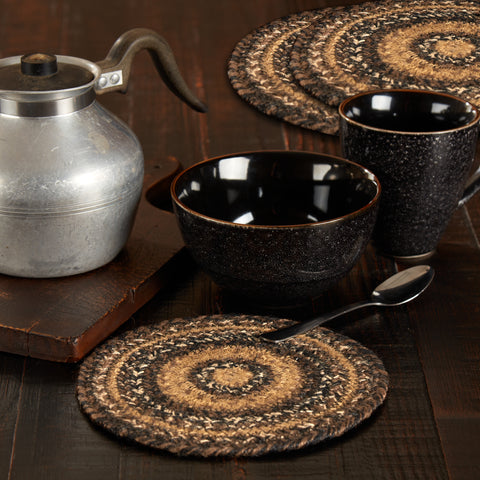 Chestnut primitive country trivets set of 3 displayed on rustic farmhouse dining table
