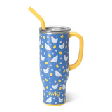 Blue tumbler with chicken pattern and yellow handle and straw on a white background