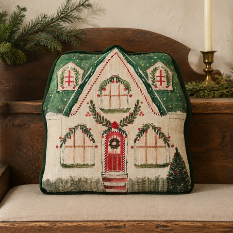 Christmas Cottage Pillow with Beads