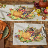 Cornucopia Fall Placemats Set of 4 Decorative Thanksgiving table runner and placemats with pumpkins, fruits, and cornucopia on a wooden table.
