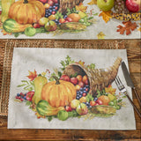Cornucopia Fall Placemats Set of 4Decorative Thanksgiving table runner and placemats with pumpkins, fruits, and cornucopia on a wooden table.