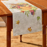 Cornucopia Fall Table Runner 36"with autumn design on a wooden table