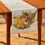 Cornucopia Fall Table Runner 54"with cornucopia design on a wooden table.