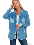 Cotton Waffle Acid Wash Oversized Shacket - Blue-Lange General Store