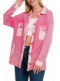 Cotton Waffle Acid Wash Oversized Shacket - Fuschia-Lange General Store