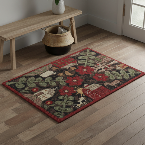 Farm Life hooked rug in a farmhouse setting
