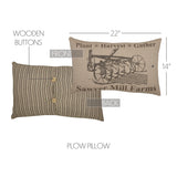Farmstead Charcoal Plow Harvest Throw Pillow 22x14 size diagram showing front plow stencil and back ticking stripe with wooden button closure labeled