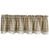 Sage & Mustard Plaid Layered Valance in a sage green, light mustard, putty brown, and white plaid pattern, shown on a white background