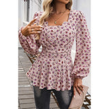 Floral Square Neck Long Sleeve Ruched Shirt-Lange General Store