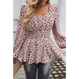 Floral Square Neck Long Sleeve Ruched Shirt-Lange General Store