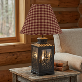 Forest Tops lantern lamp with Bridgeton Wine shade in a rustic cabin