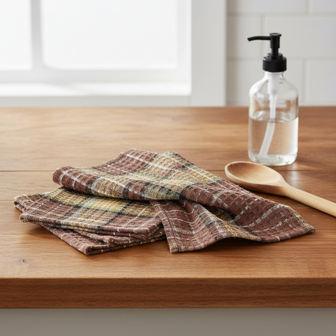 Friar Brown Plaid Dishcloth Set of 3 on a wood kitchen counter