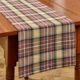 Friar Brown Plaid Table Runner on a wooden table