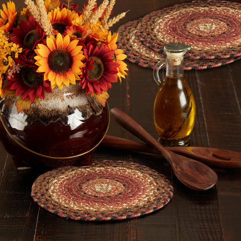 Ginger Spice fall trivets set of 3 displayed on rustic farmhouse autumn table setting