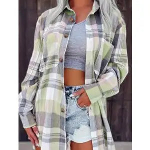 Green Autumn Contrasting Checked Plaid Shirt-Lange General Store