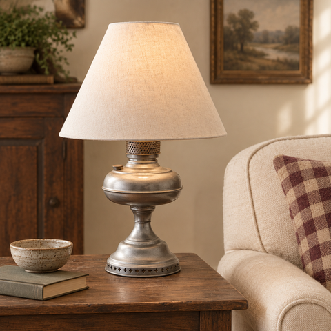 Hamilton Lamp in a warm farmhouse living room