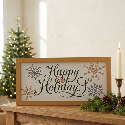 Happy Holidays Snowflakes Framed Sign in a Christmas console-table setting