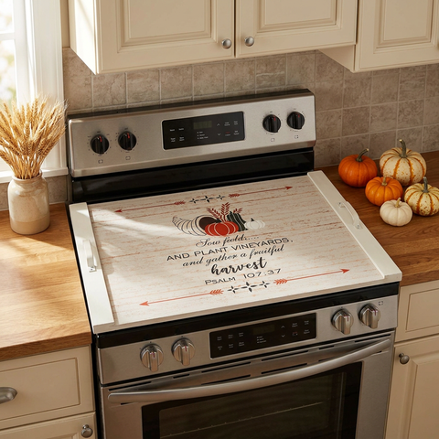 Psalm 107:37 Harvest Noodle Board in a fall kitchen
